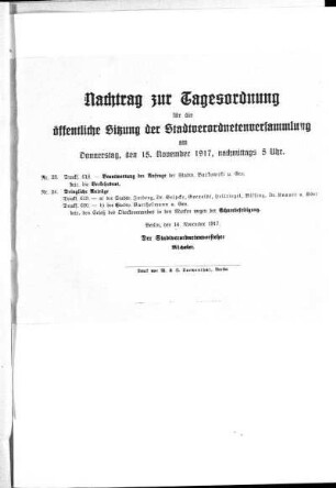 Anlage: Nachtrag zur Tagesordnung für die öffentliche Sitzung, 14. November 1917