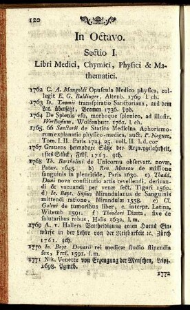 Sectio I. Libri Medici, Chymici, Physici & Mathematici.