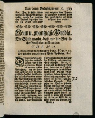 523-545, Neun u. zwantzigste Predig. Die Sünd macht, daß wir die Göttliche Gutthaten mißbrauchen