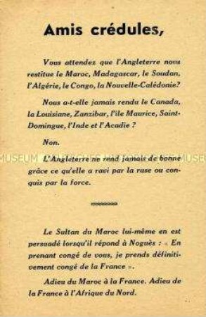 Propagandaflugblatt aus Vichy-Frankreich mit antibritischer Polemik wegen der Angriffe in den französischen Kolonien