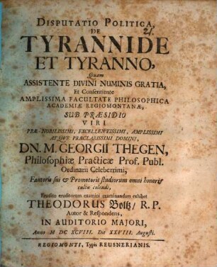 Disp. polit. de tyrannide et tyranno