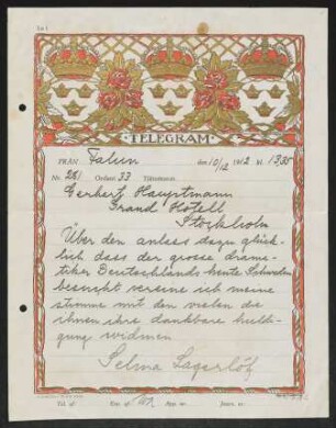 Brief von Selma Lagerlöf an Gerhart Hauptmann