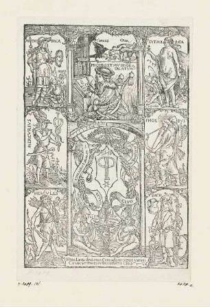 Celtis überreicht dem Kaiser Maximilian sein Buch, aus: Konrad Celtis, "Conradi Celtis Protvcii Primi Inter Germanos Imperatoriis Manibvs Poete Lavreati Qvatvor Libri Amorvm Secvndvm Qvatvor Latera Germanie Feliciter Incipivnt", Nürnberg 1502