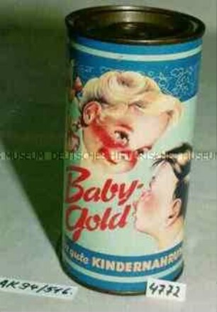 Blechdose für "Baby Gold Die gute KINDERNAHRUNG" (Abbildung zweier Kinder) mit Inhalt