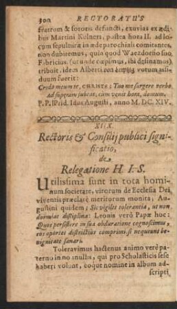 XIIX. Rectoris & Consilii publici significatio, de Relegatione H. I. S.