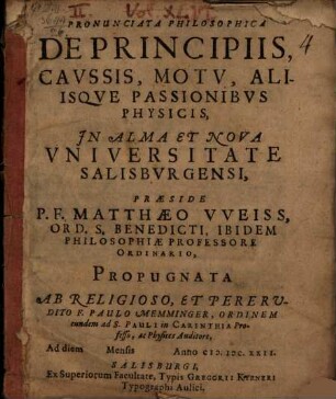 Pronunciata Philosophica De Principiis, Cavssis, Motv, Aliisqve Passionibvs Physicis