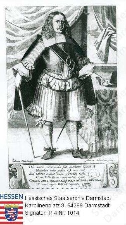 Georg II. Landgraf v. Hessen-Darmstadt (1605-1661) / Porträt, in Raumkulisse stehend, mit lateinischer Sockelinschrift (Verse von Johann Tackius), Ganzfigur
