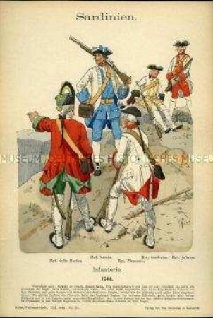 Uniformdarstellung, Gemeine verschiedener Infanterie-Regimenter, Königreich Sardinien, 1744.