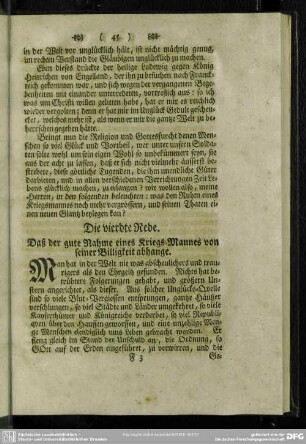 Die vierdte Rede. Daß der gute Nahme eines Kriegs-Mannes von seiner Billigkeit abhange