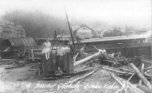Der Bahnhof in Glashütte am 14.7.1927 : Hochwasserkatastrophe vom 08.07.1927 im Müglitztal. Der Bahnhof in Glashütte am 14.7.1927