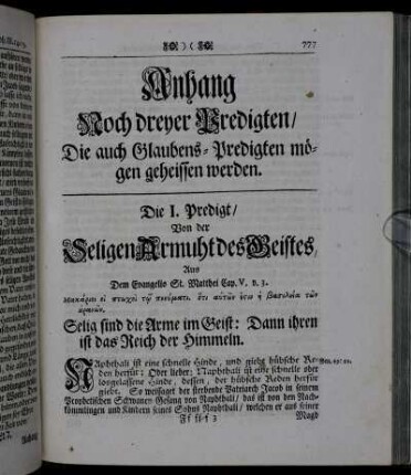 Die I. Predigt/ Von der Seligen Armuht des Geistes, Aus Dem Evangelio St. Matthei[...]