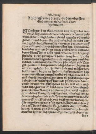 Warnung Abschrifft eines brieffs/ so dem obersten Gubernator zu Roschell uberschckt worden.