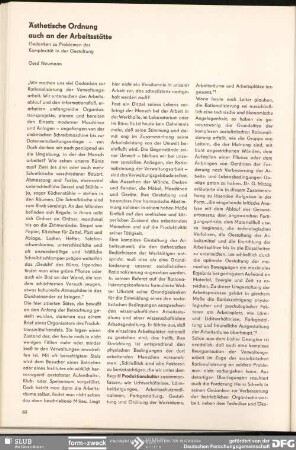 Ästhetische Ordnung auch an der Arbeitsstätte : Aspekte