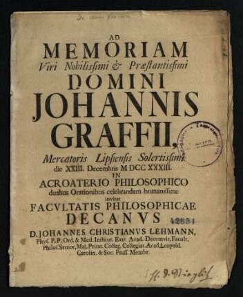 Ad Memoriam Viri Nobilissimi [et] Præstantissimi Domini Johannis Graffii, Mercatoris Lipsiensis Solertissimi