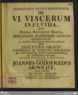 Dissertatio Medica Inauguralis De Vi Viscerum In Fluida