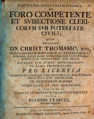 Dispvtatio Inavgvralis Ivridica De Foro Competente Et Svbiectione Clericorvm Svb Potestate Civili