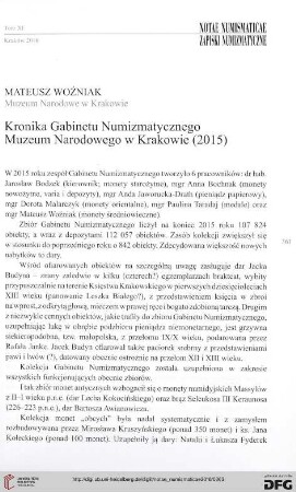 11: Kronika Gabinetu Numizmatycznego Muzeum Narodowego w Krakowie (2015)
