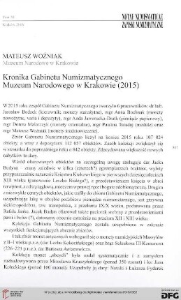 11: Kronika Gabinetu Numizmatycznego Muzeum Narodowego w Krakowie (2015)