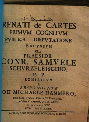 Renati de Cartes Primvm Cognitvm