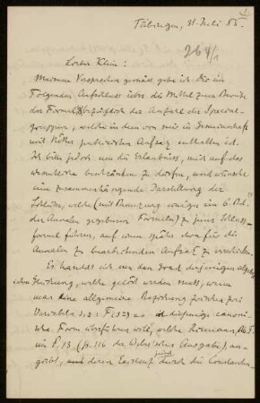 Nr. 264 Brief von Alexander von Brill an Felix Klein. Tübingen, 31.7.1885