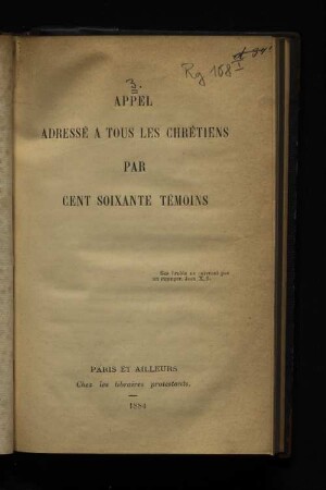 Appel adressé à tous les chrétiens par cent soixante témoins