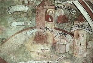Hortus conclusus mit Himmlischem Jerusalem, Gottvater und Propheten, darunter Szenen aus dem Marienleben