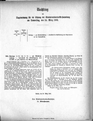 Anlage: Nachtrag zur Tagesordnung, 23. März 1881