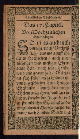 Das 17. Capitel. Von Hochzeitlichen Ehrendäntzen.