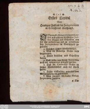 Erstes Capitul Vom Heutigen Zustand der Jurisprudentz in Teutschland überhaupt.