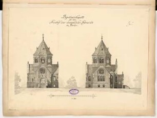 Begräbniskapelle Monatskonkurrenz März 1895: Aufriss Vorderansicht, Seitenansicht; Maßstabsleiste