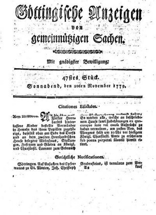 47tes Stück. Sonnabend, den 20ten November 1779.