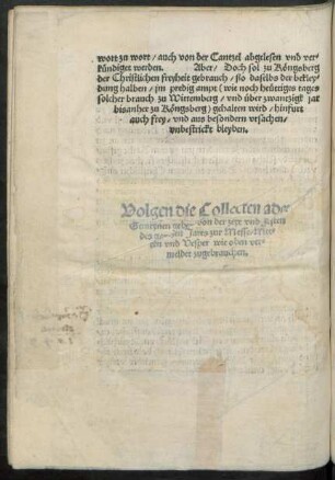 Volgen die Collecten ader Gemeynen geberdon von der zeyt und Festen des ganzen Jares zur Messe/ Metten und Vesper wie oben vermeldet zugebrauchen.