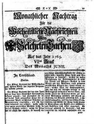 Monathliche Nachtrag [...] Auf das Jahr 1765 VItes Stuck Des Monaths Junii