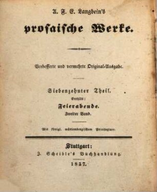 A. F. E. Langbeins prosaische Werke. 17, Feierabende ; Bd. 2