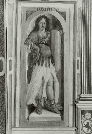 Fortitudo (Stärke) : Fortitudo (Stärke). Wohl Öl auf Holz (ab 1634; C. Schiebling). Radebeul, Hoflößnitz, Berg- und Lusthaus, Festsaal, Nordseite