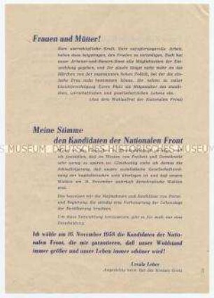 Flugblatt der Nationalen Front mit Aufruf an Frauen und Mütter und Stellungnahmen zur Volkskammerwahl