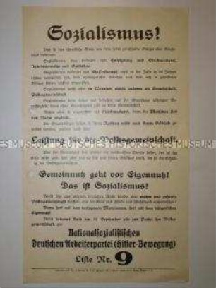 Propagandaflugblatt der NSDAP zur Reichstagswahl am 14. September 1930 mit einem Bekenntnis zum "wahren" Sozialismus