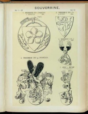 Taf. 81. 1. Heinrich Graf v. Zweibrücken u. Eberstein 1301. (Siegel.) - 2. Eberhard II. Graf v. TW. zu Bitsch 1334. - 3. Hanemann I. Gr. v. Z. zu Bitsch 1365 - 4. Fridrich Graf zu Zweibrücken. - 5. "Graf v. Bitsch" W.-B. Mayerfels.)