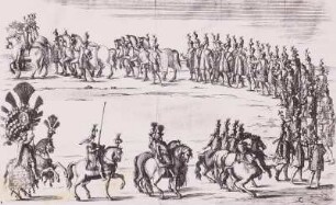 Festumzug in Dresden, um 1680. Berittene und Fußvolk im Aufzug der Sonne (Fest des Sol?) unter Anführung von vier Trompetern zu Pferd