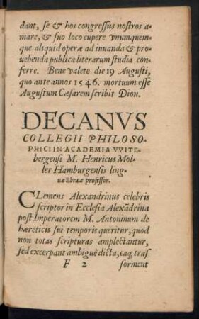 Decanus Collegii Philosophici In Academia Witebergensi M. Henricus Moller Hamburgensis linguae Ebraeae professor.