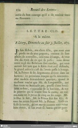 Lettre CLII. A la même. A Livry, Dimache au soir 3. Juillet, 1672