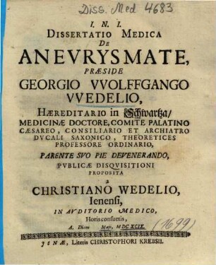 Dissertatio Medica De Anevrysmate