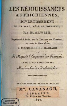 Les Réjouissances Autrichiennes : Divertissement en un acte, mêlé de couplets