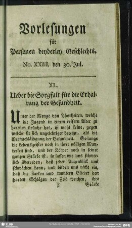 XL. Ueber die Sorgfalt für die Erhaltung der Gesundheit : No. XXIII. den 30. Jul.
