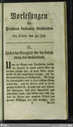 XL. Ueber die Sorgfalt für die Erhaltung der Gesundheit : No. XXIII. den 30. Jul.
