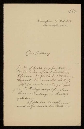 117: Brief von Karl von Unzer an Gottlieb Planck, München, 17.5.1898