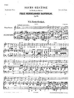 Felix Mendelssohn-Bartholdys Werke, 19,149. Nr. 149, Sechs Gesänge : op. 99. - 15 S. - Pl.-Nr. M.B.149