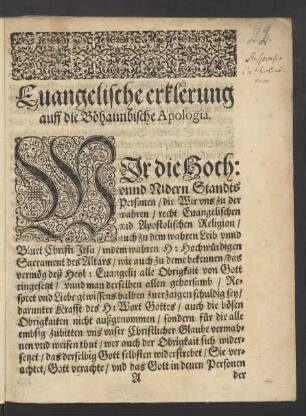 Evangelische erklerung auff die Böhaimbische Apologia.