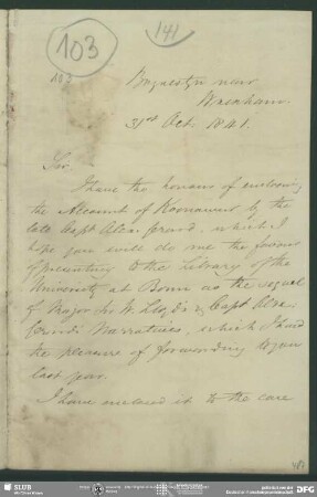 Eigenh. Brief von William Lloyd an August Wilhelm von Schlegel, Bryn Estyn, 31.10.1841