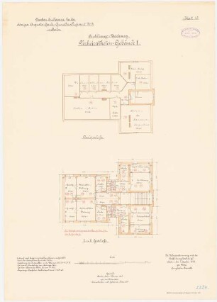 Kaserne des Garde-Kürassier-Regiments und des Königin-Augusta-Garde-Grenadier-Regiments Nr. 4, Berlin: Garde-Cürassier-Regiment, Verheiratetengebäude I: Grundriss 1. Obergeschoss, 2. Obergeschoss, Dachgeschoss 1:100